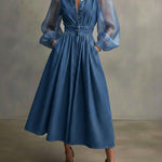 Stylish Denim Dress With Organza Sleeves And Buttons