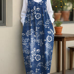 Women's Vintage Artistic Flowers Casual Loose Denim Vest Dress