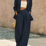 Minimalist Solid Color Suit Jacket And Wide-leg Pants Linen Two-piece Set