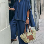 Casual Denim Irregular Hem Shirt And Wide-leg Pants Two-piece Set