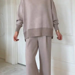 Casual Travel Stand Collar Side Zipper Top Straight Pants Two-Piece Set