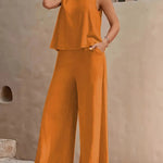 Women's Casual Crew Neck Top And Wide-leg Pants Set