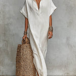 Women's Solid Color Collared Short-sleeved Casual Loose Linen Dress