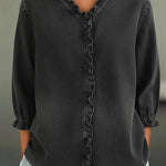Women's Ruffled V-neck Denim Cotton Shirt