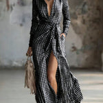 Women's Small Check Multi-color Linen-cotton Blend Long Dress