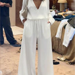Cozy And Loose-fitting Satin Shirt And Wide-leg Pants Two-piece Set.