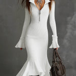 Women's Elegant Zippered Collar Flared Sleeve Knitted Fishtail Dress