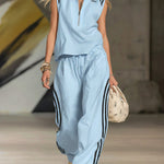 Women's Casual Patchwork Striped Zip-up Top And Pants Two-piece Set
