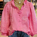 Women's Vintage Flower Art Print Casual Cotton And Linen Ruffle Shirt