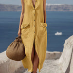 Women's Solid Color Lapel Sleeveless Casual Loose Cotton And Linen Dress