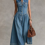 Women's Sleeveless Casual Loose Denim Wide-leg Jumpsuit With Lapel Collar