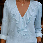 Vintage ruffled V-neck shirt with embroidered flowers