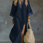Loose And Cozy Patchwork Denim Dress With Contrasting Trim.