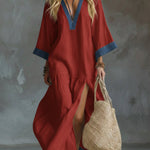 Loose And Cozy Patchwork Denim Dress With Contrasting Trim.