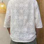 Women's Solid Color V-neck 3/4 Sleeve Casual Loose Cotton Embroidered Top