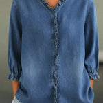 Women's Ruffled V-neck Denim Cotton Shirt
