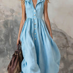 Women's Solid Color Lapel Sleeveless Casual Loose Cotton Dress