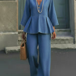 Elegant 100% Cotton Denim V-neck Shirt And Wide-leg Pants Two-piece Set