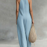 Women's Solid Color V-Neck Halter Neck Sleeveless Casual Loose Cotton Linen Wide-Leg Jumpsuit
