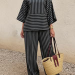 Casual Striped Linen Top And Wide-leg Pants Two-piece Set