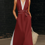 Retro Color-blocked Lapel Maxi Dress With Belt