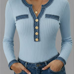 Casual Patchwork Denim Webbing Knit Top