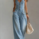 Women's Casual Denim Jumpsuit With Wide-leg Pants