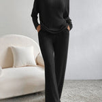 Women's Solid Color Casual Straight Leg Pants Loose V-neck Knit Set