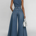 Women's Round Neck Sleeveless Casual Loose Wide-leg Denim Jumpsuit