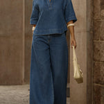 Women's Casual 100% Cotton Denim Top And Wide-leg Pants Two-piece Set