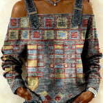 Women‘s Vintage Pattern Art Print Casual Cotton Denim Shirt