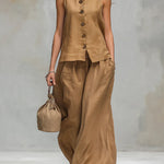 Comfortable And Casual V-neck Sleeveless Button-down Top And Trousers Set