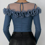Fashionable Patchwork Mesh Organza Ruffled Denim Top