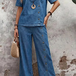 Women's Casual Short-sleeved Button-up Denim Cotton Top And Jeans Two-piece Set