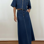 Women's Casual Zip-up Denim Top And Denim Skirt Two-piece Set