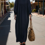 Women's Solid Color Round Neck Long-sleeved Casual Loose Pleated Cotton And Linen Dress