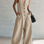 Elegant Lapel Button-up Loose-fitting Linen Jumpsuit