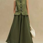 Women's Solid Color Round Neck Sleeveless Loose Casual Top And High-waisted Loose Casual Skirt Cotton And Linen Set.