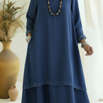 Elegant V-neck Double-layered Hem Denim Dress