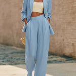 Minimalist Solid Color Suit Jacket And Wide-leg Pants Linen Two-piece Set