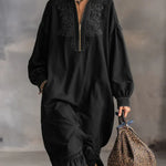 Women's Stand Collar Long Sleeve Casual Loose Ruffled Cotton Dress