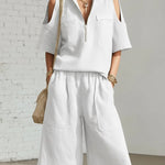 Minimalist Zip-up Shirt And Shorts Linen Two-piece Set-Everyday Wear
