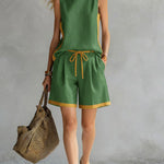 Women's Round Neck Sleeveless Casual Loose Vest And Elastic Waist Casual Loose Shorts Cotton And Linen Set.
