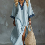 Loose And Cozy Patchwork Denim Dress With Contrasting Trim.