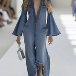 Women's Lapel Long-sleeved Casual Loose Denim Jumpsuit