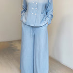 Elegant Button-up Shirt And Wide-leg Trousers Linen Set