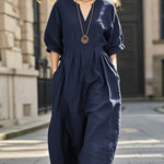Women's V-neck 3/4 Sleeve Casual Loose Cotton And Linen Dress