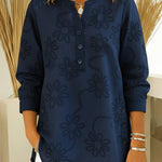 Romantic Floral Embroidered Henley Collar Split Hem Shirt
