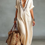 Loose-fitting V-neck Linen And Cotton Dress