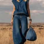 Women's Stand-collar Sleeveless Casual Loose Top And High-waisted Loose Wide-leg Denim Pants Set.